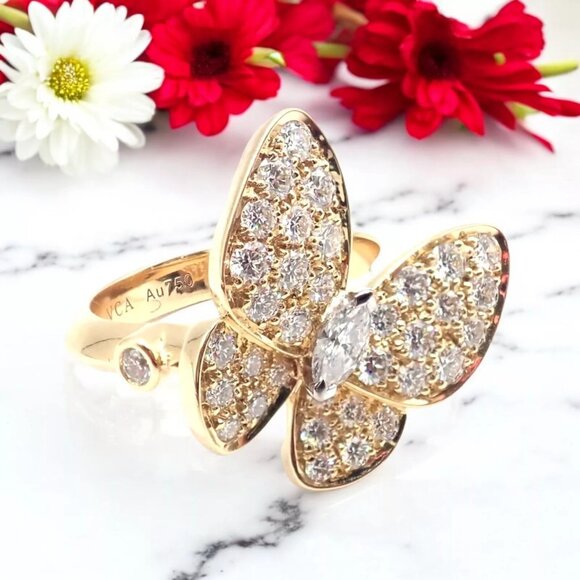 Authentic! Van Cleef & Arpels 18k Yellow Gold Diamond Two Butterfly Ring Cert. - Picture 2 of 10